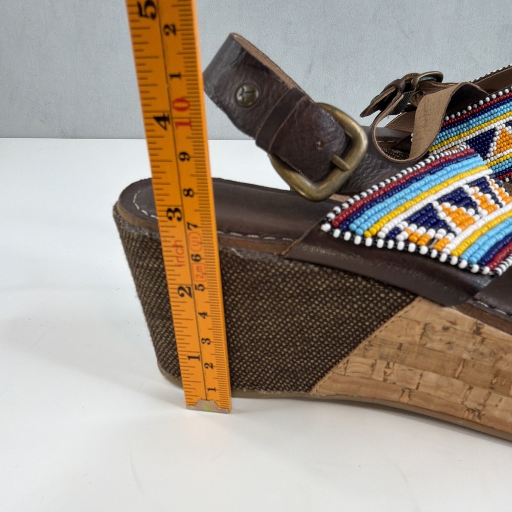 Pikolinos Womens 38 Brown Leather Beaded Wedge Sandals Boho Made in Spain - Picture 15 of 16